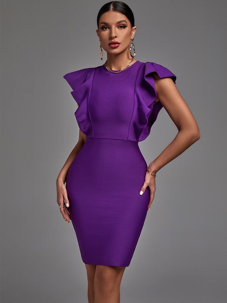 Round Neck Ruffle Sleeve Bandage Bodycon Mini Party Dress