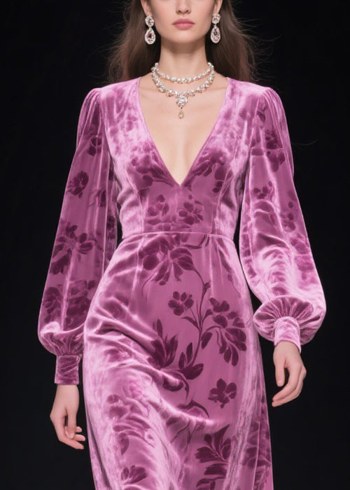 Burnout Floral Velvet Deep V-Neck Bishop Sleeve Lace Ruffle Midi Dress