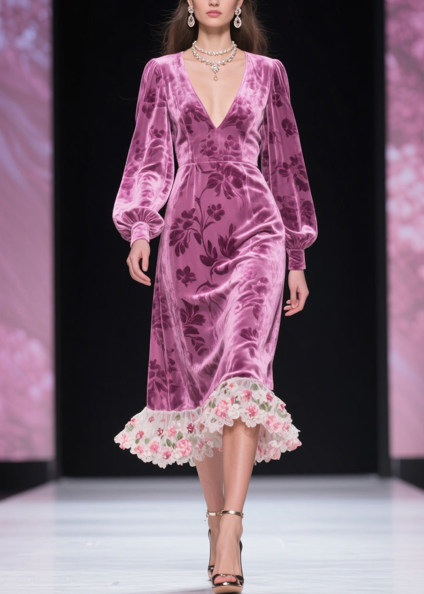 Burnout Floral Velvet Deep V-Neck Bishop Sleeve Lace Ruffle Midi Dress