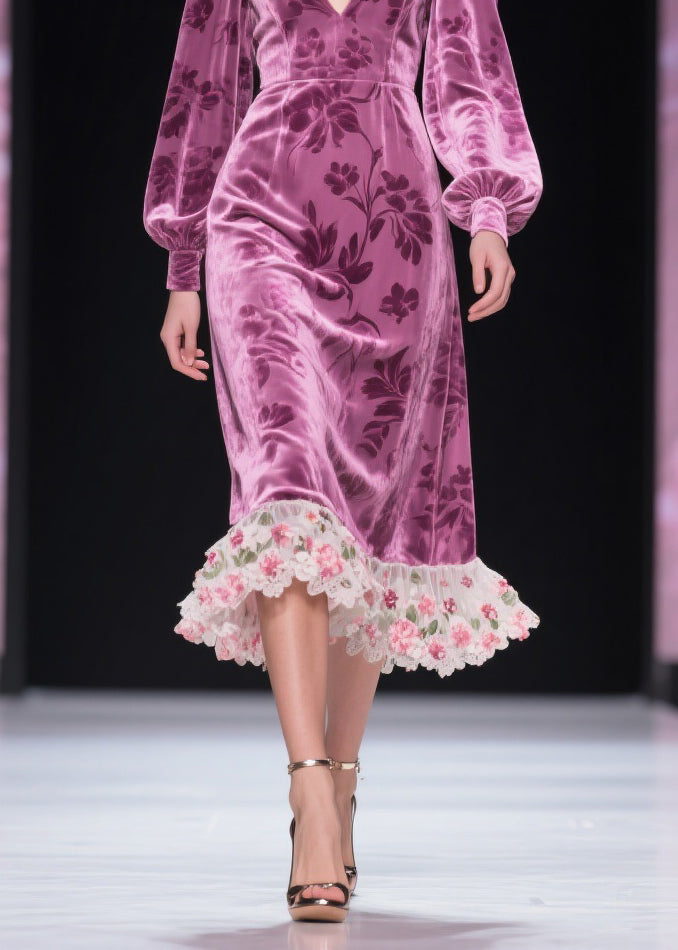 Burnout Floral Velvet Deep V-Neck Bishop Sleeve Lace Ruffle Midi Dress