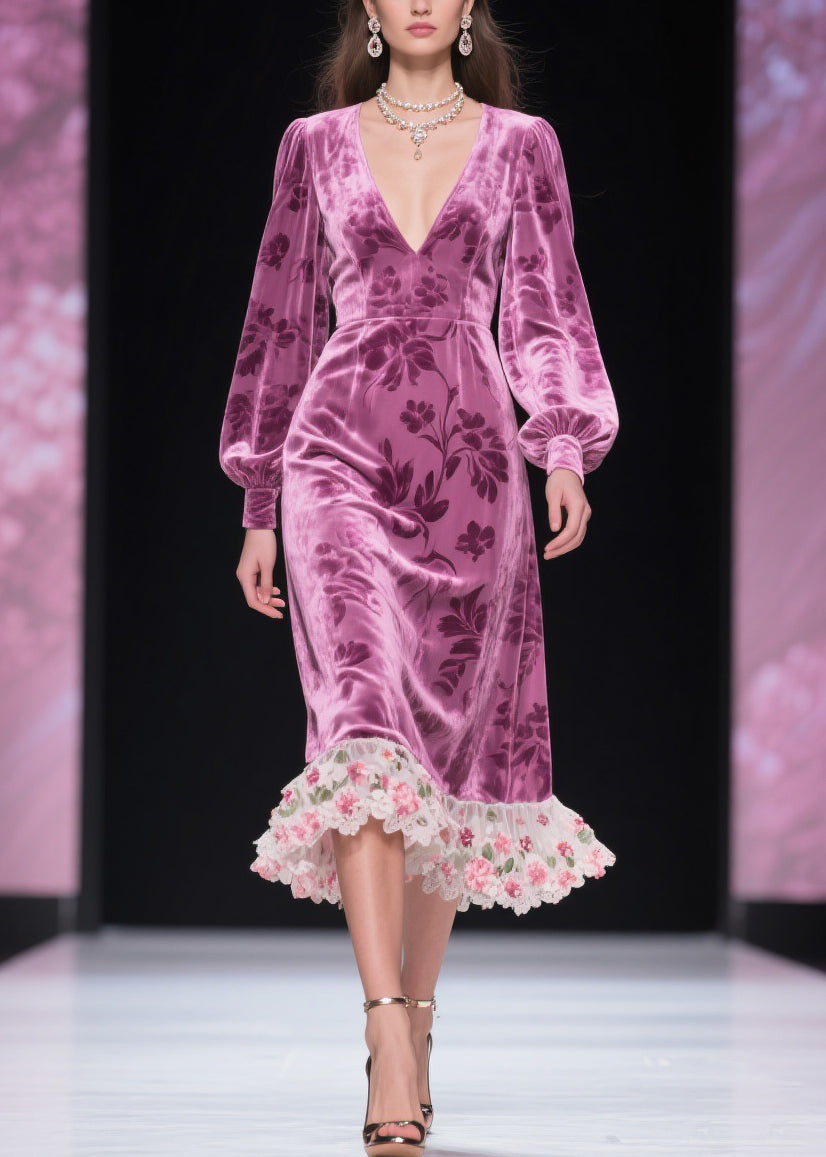 Burnout Floral Velvet Deep V-Neck Bishop Sleeve Lace Ruffle Midi Dress