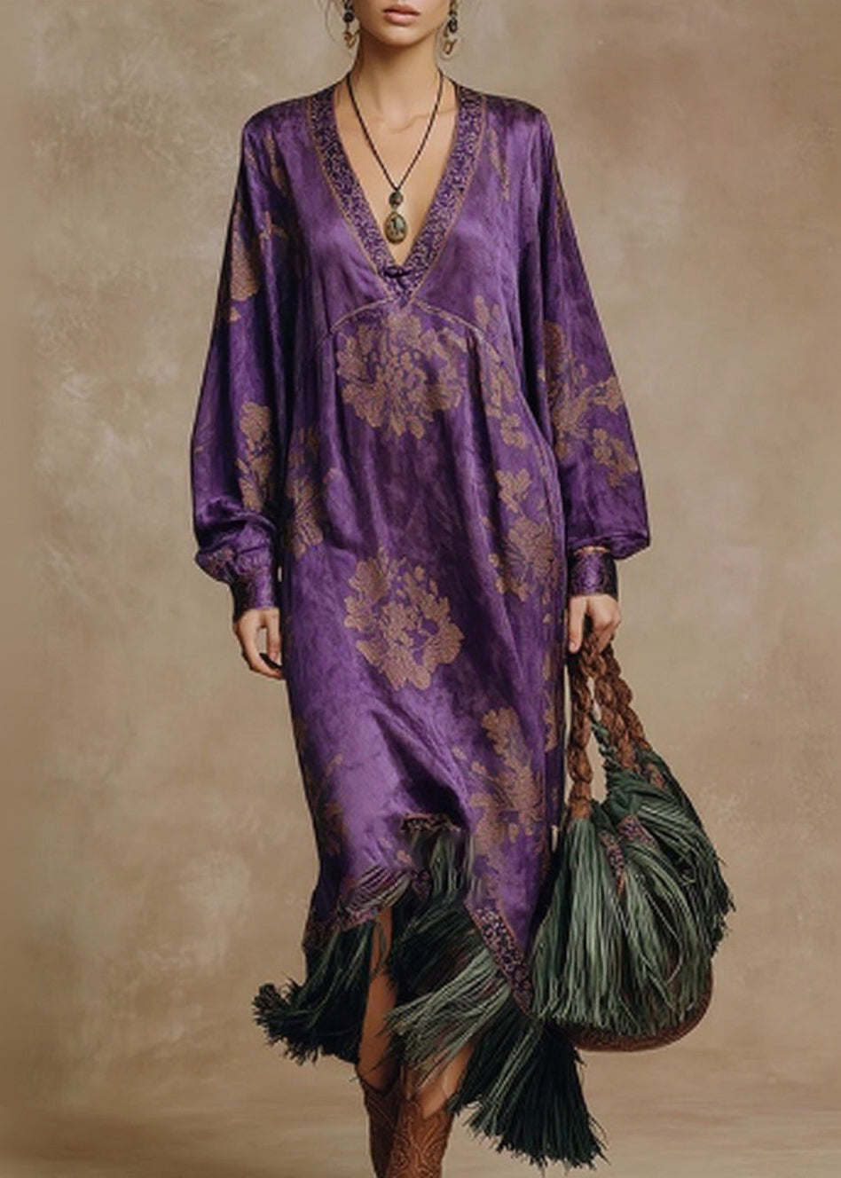 Floral Damask Deep V-Neck Long Sleeve Tassel Fringe Asymmetrical Midi Dress