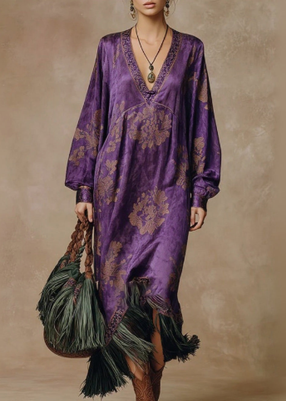 Floral Damask Deep V-Neck Long Sleeve Tassel Fringe Asymmetrical Midi Dress