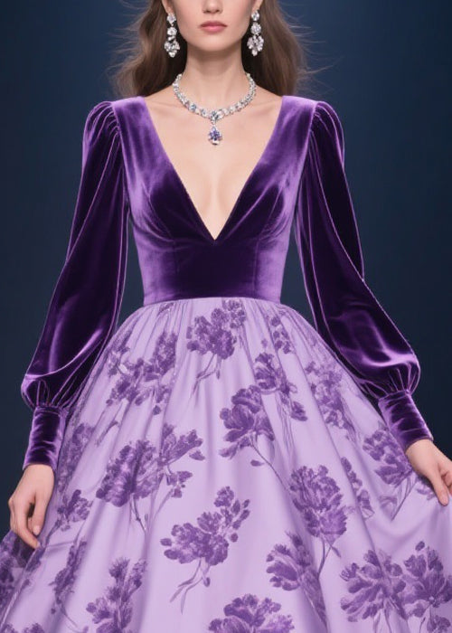 Velvet Deep V-Neck Bishop Sleeve Floral Print Skirt Lace Trim High Low Midi Dress