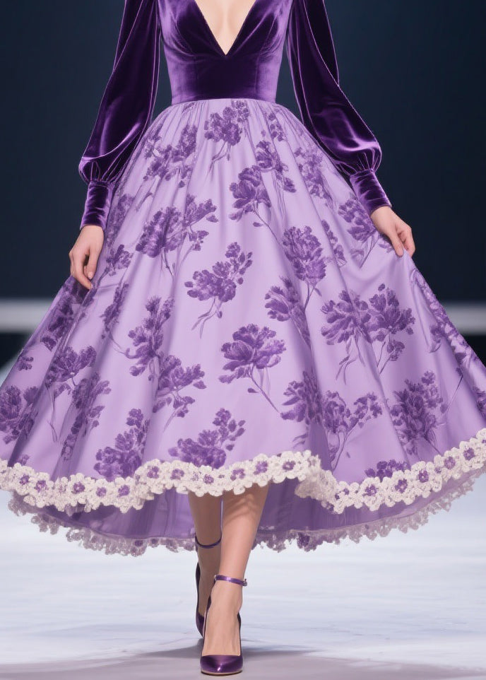 Velvet Deep V-Neck Bishop Sleeve Floral Print Skirt Lace Trim High Low Midi Dress