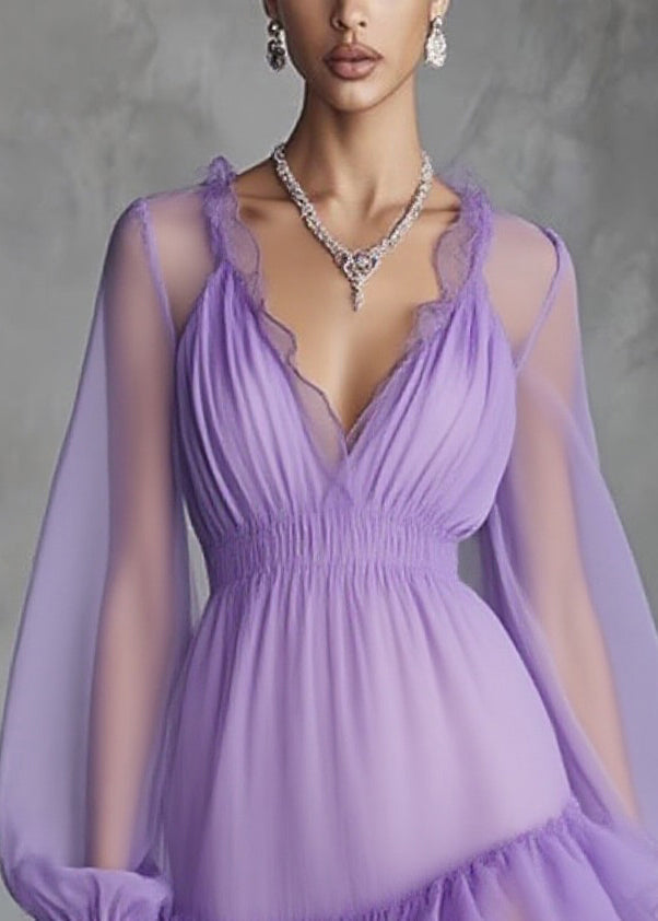 V-Neck Ruched Smocked Waist Ruffle Bishop Sleeve Chiffon Mini Dress
