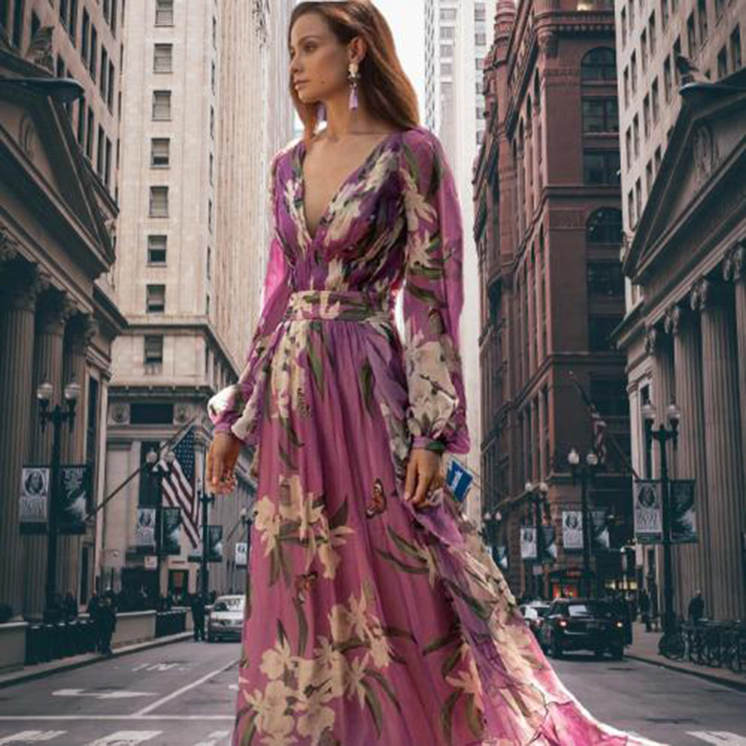 Floral Print Deep V-Neck Bishop Sleeve Wide Waistband A-Line Maxi Dress