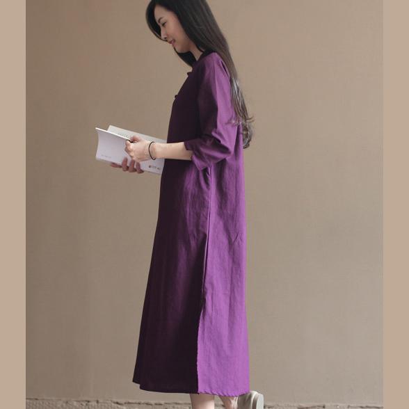 Purple cotton dresses bracelet sleeve linen dress plus size