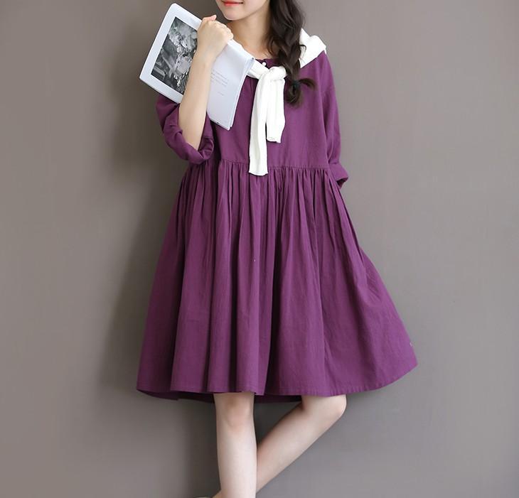 Purple retro linen dress half sleeve pleated sundress cotton summer dresses spring bottoming dress