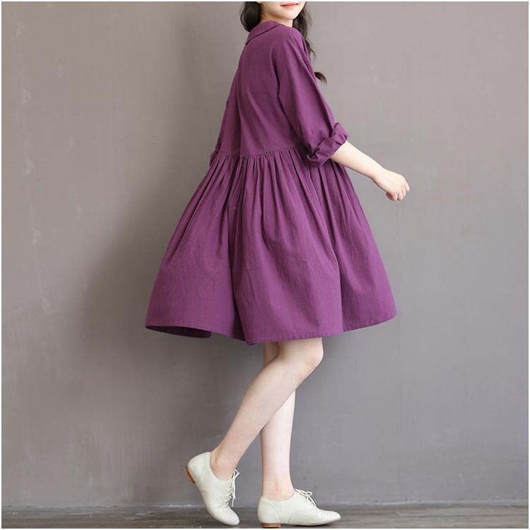 Purple retro linen dress half sleeve pleated sundress cotton summer dresses spring bottoming dress