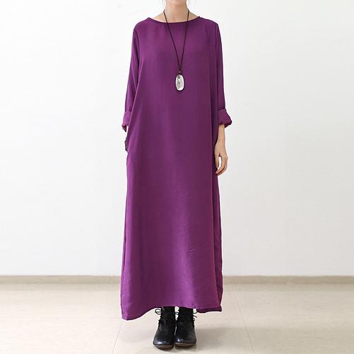 Round Neck Long Sleeve Loose Fit Side Pocket Maxi Dress