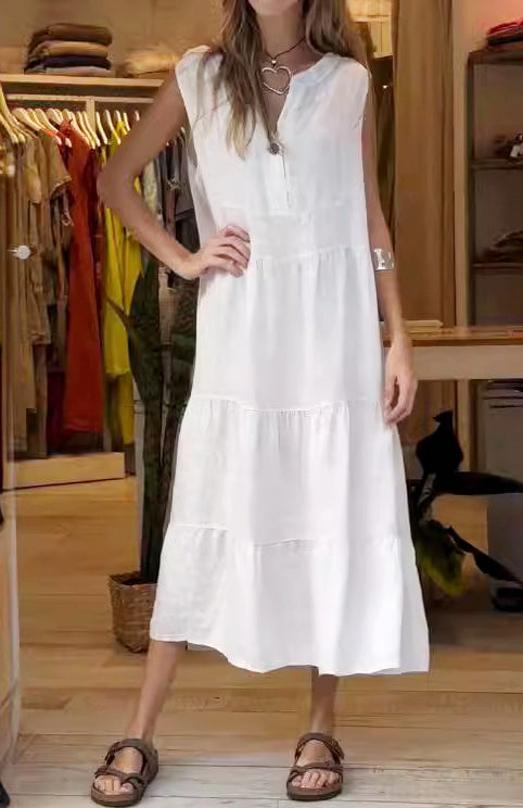 Sleeveless V-Neck Button Front Tiered Relaxed Fit Midi Summer Dress
