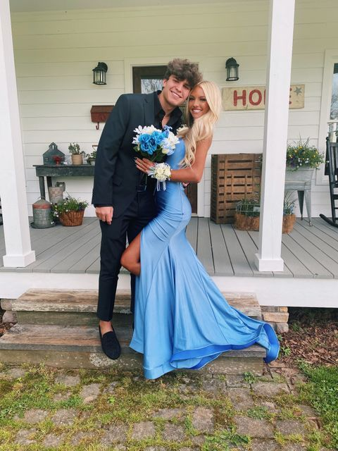 Blue Satin Wedding Guest Dress Mermaid Prom Dress with Slit V Neck cc1306