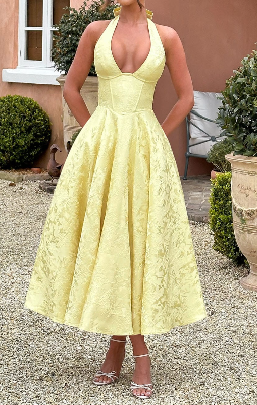 Floral Jacquard Halter Neck Corset Bodice A-Line Midi Dress