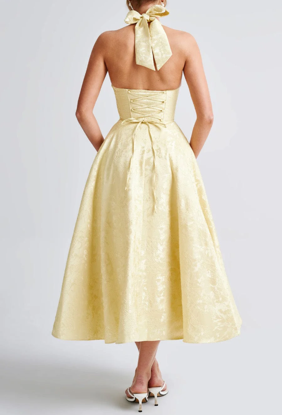 Floral Jacquard Halter Neck Corset Bodice A-Line Midi Dress