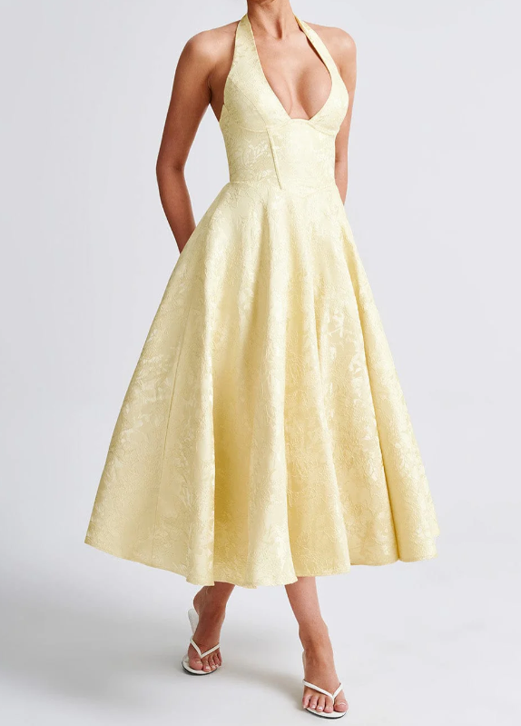 Floral Jacquard Halter Neck Corset Bodice A-Line Midi Dress