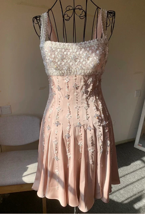 Vintage Pink Square Neck Wide Shoulder Strap Sequin Embroidered Satin Birthday Party Homecoming Dress cc4186