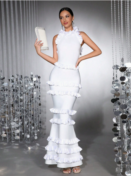 Halter Neck Tiered Ruffle Mermaid Bandage Maxi Gown