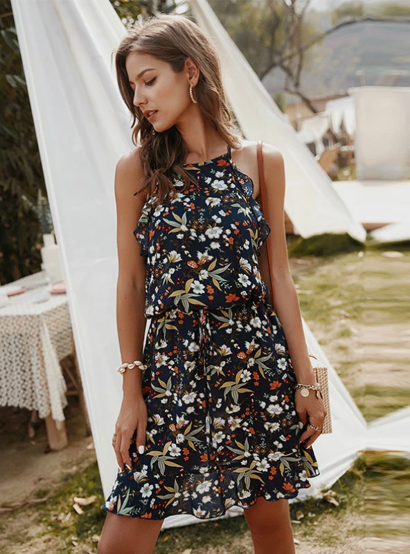 Floral Print Halter Neck Sleeveless Elastic Waist Ruffle Hem Mini Dress 4