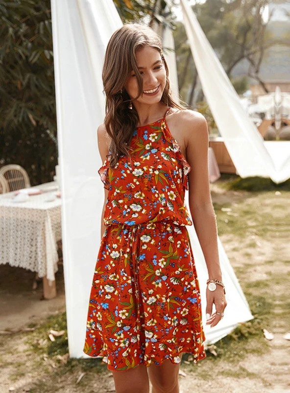 Floral Print Halter Neck Sleeveless Elastic Waist Ruffle Hem Mini Dress 6