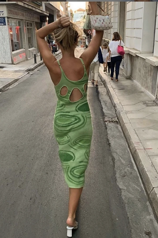 Abstract Swirl Jacquard Knit Scoop Neck Cami Bodycon Midi Dress 13