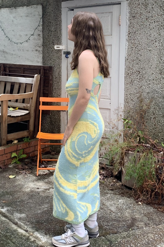 Abstract Swirl Jacquard Knit Scoop Neck Cami Bodycon Midi Dress 34