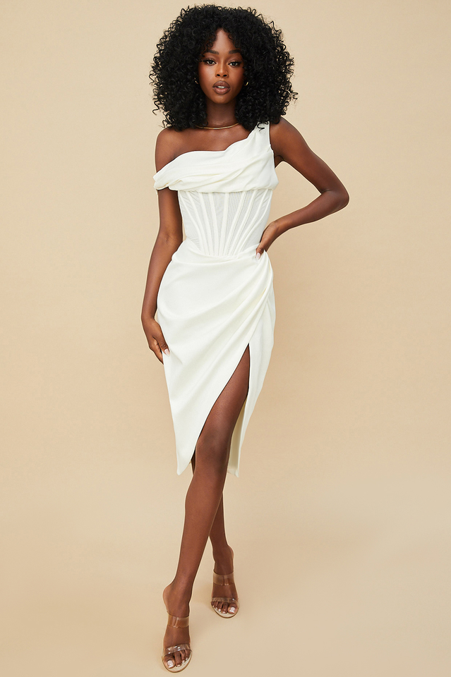 Satin One Shoulder Corset High Split Draped Midi Dress