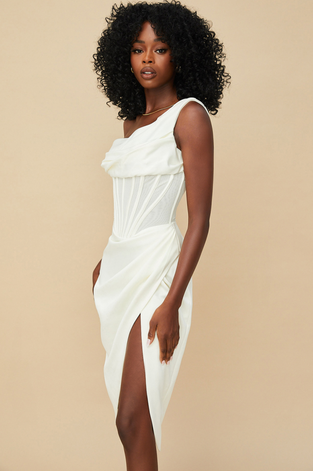 Satin One Shoulder Corset High Split Draped Midi Dress