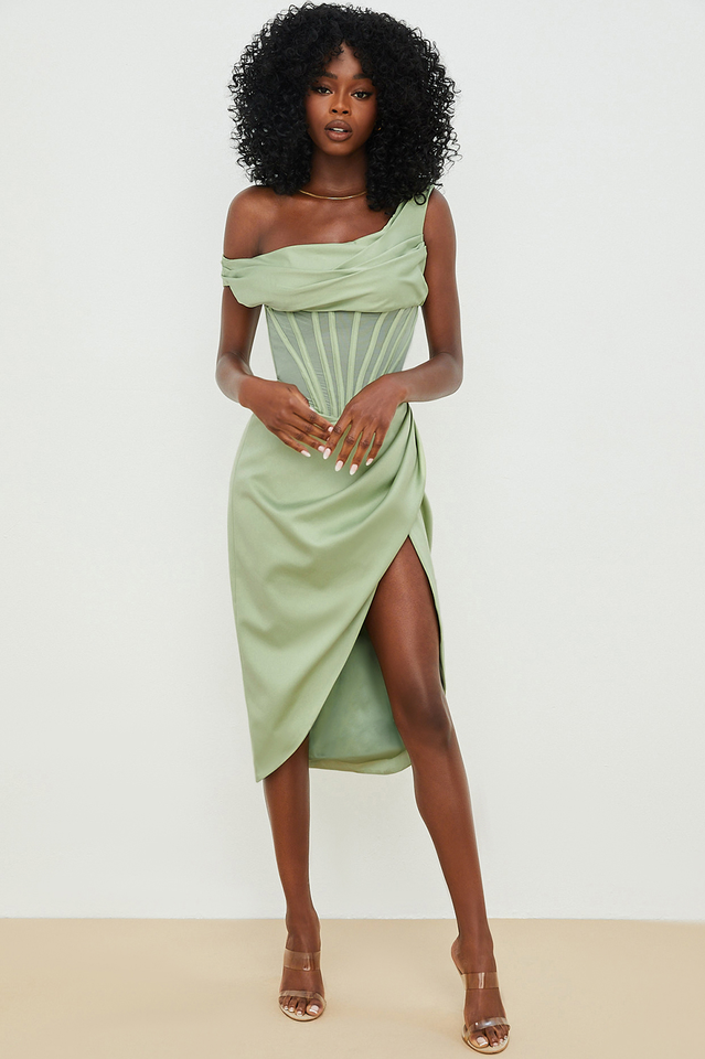 Satin One Shoulder Corset High Split Draped Midi Dress