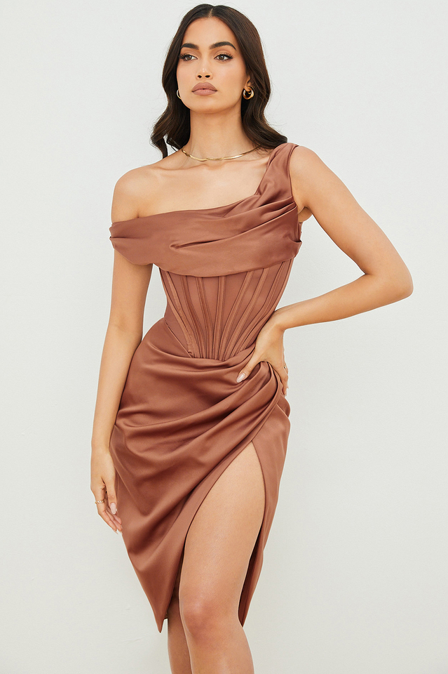 Satin One Shoulder Corset High Split Draped Midi Dress