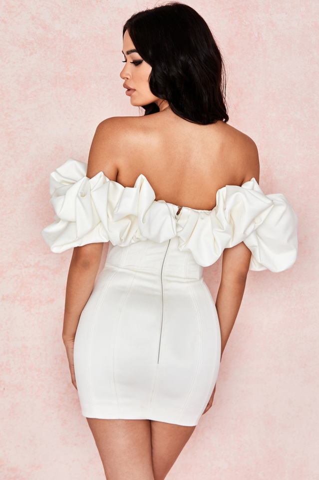 Off Shoulder Ruffle Trim Satin Corset Bodycon Mini Dress 6
