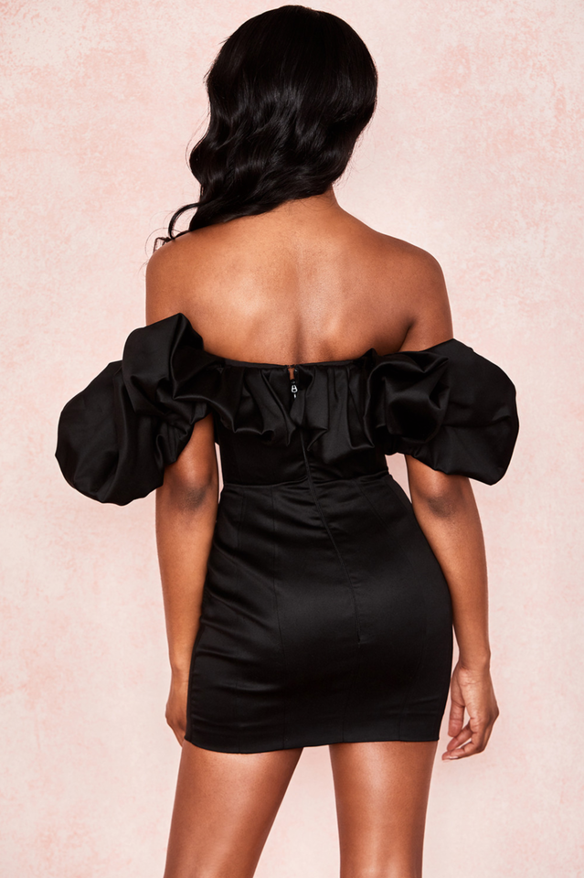 Off Shoulder Ruffle Trim Satin Corset Bodycon Mini Dress 13