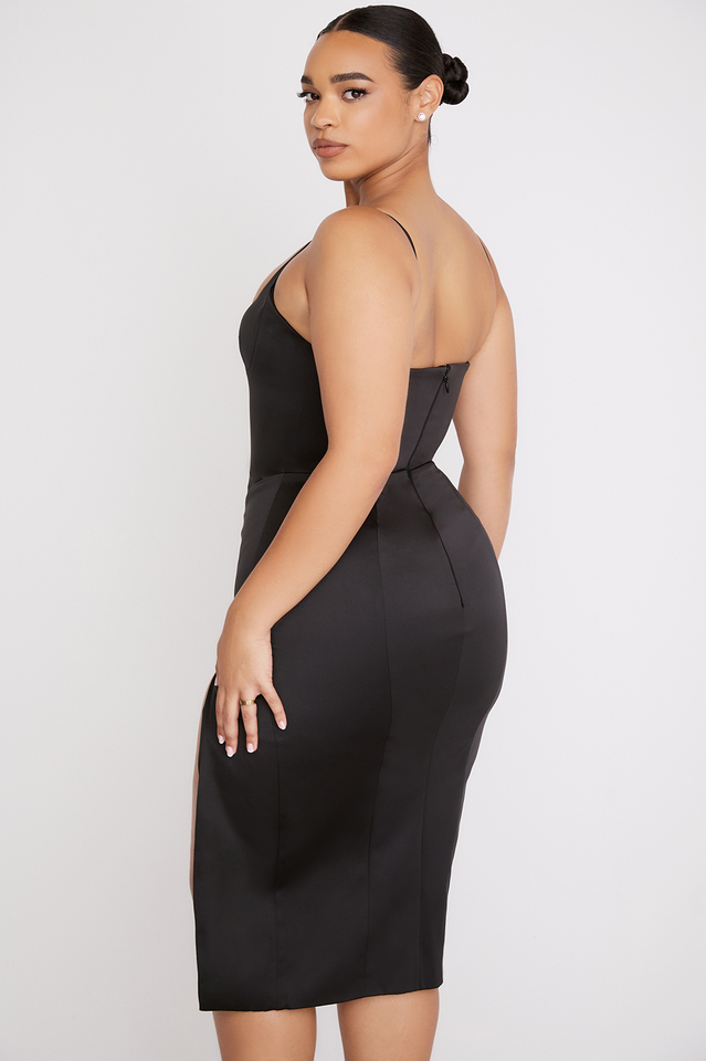 Satin Spaghetti Strap Corset High Split Midi Dress