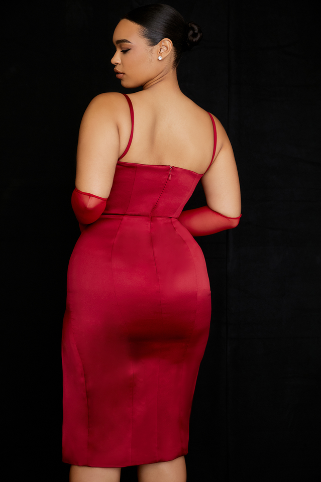 Satin Spaghetti Strap Corset High Split Midi Dress