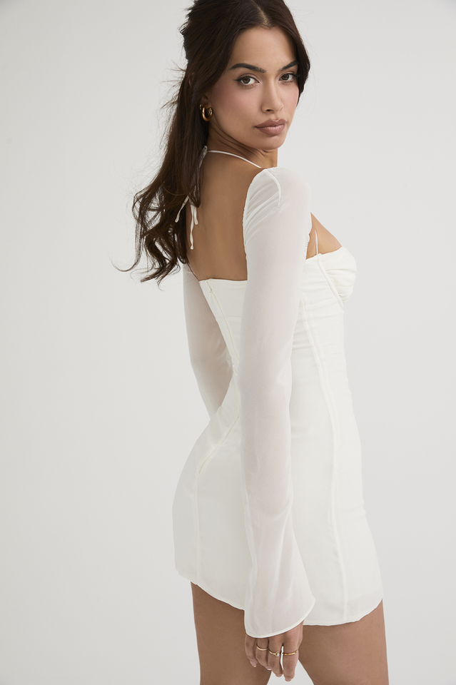 Chiffon Halter Neck Long Sleeve Ruched Cut Out Mini Dress