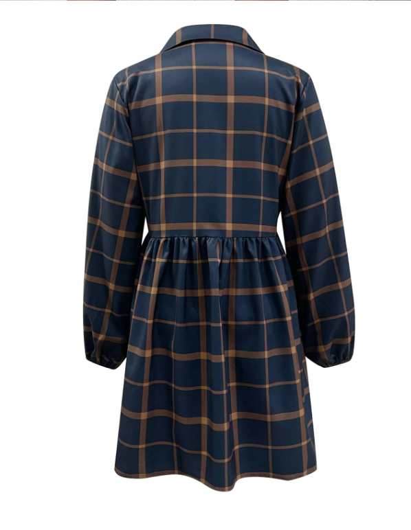 Navy V Neck Plaid Prints Buttons Sweet Dress
