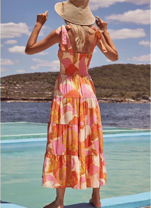 Polka Dot Tie Strap Smocked Bodice Tiered Midi Dress 6