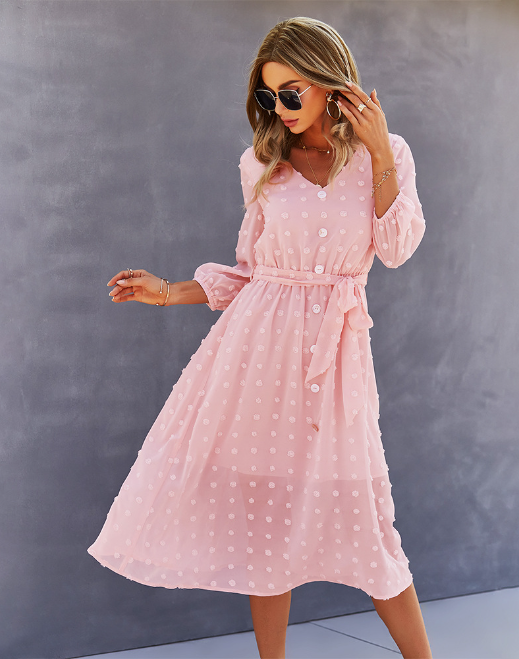 Swiss Dot V-Neck Button Front Belted Three Quarter Sleeve Midi Dress 2