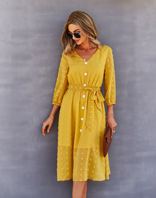 Elegant Half Sleeve Women’s Casual V-Neck Midi Dress With Buttons M / Pink Dresses