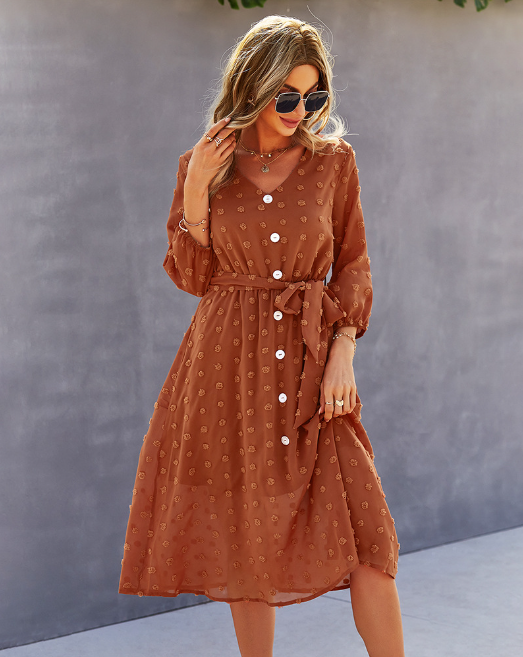 Swiss Dot V-Neck Button Front Belted Three Quarter Sleeve Midi Dress 12