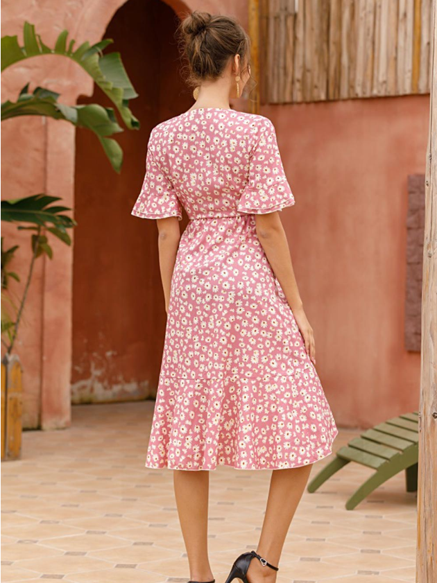 Boho Floral Print Vintage Midi Dress With Ruffle Sleeves For Women M / Pink Dresses