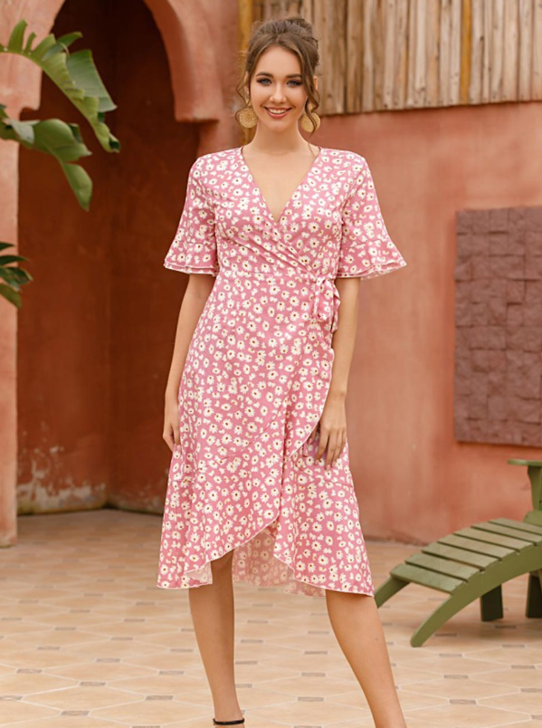 Daisy Floral V-Neck Flutter Sleeve Tie Waist Ruffle Hem Wrap Midi Dress 4