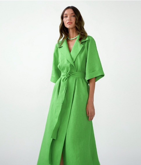Linen-Look Notched Lapel Half Sleeve Belted Wrap Maxi Shirt Dress 5