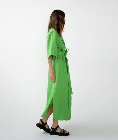 Linen-Look Notched Lapel Half Sleeve Belted Wrap Maxi Shirt Dress 9