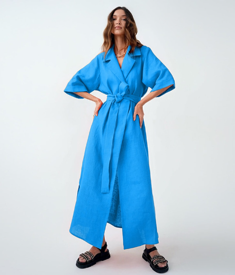 Linen-Look Notched Lapel Half Sleeve Belted Wrap Maxi Shirt Dress 10