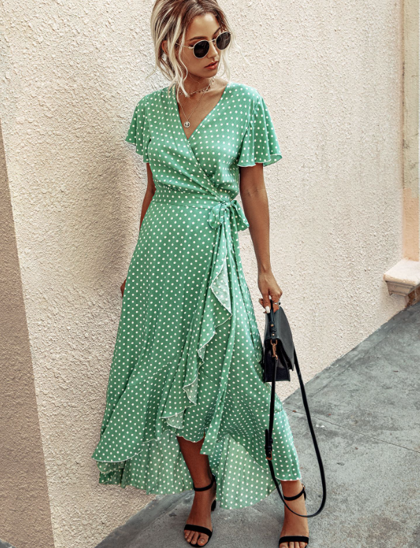 Polka Dot V-Neck Short Sleeve Wrap Tie Waist Ruffle High Low Maxi Dress 8