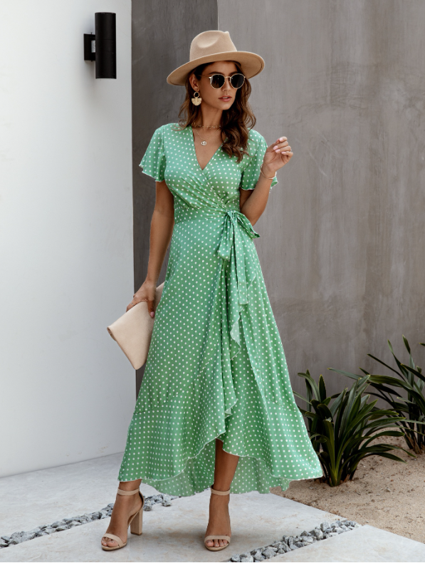 Polka Dot V-Neck Short Sleeve Wrap Tie Waist Ruffle High Low Maxi Dress 9