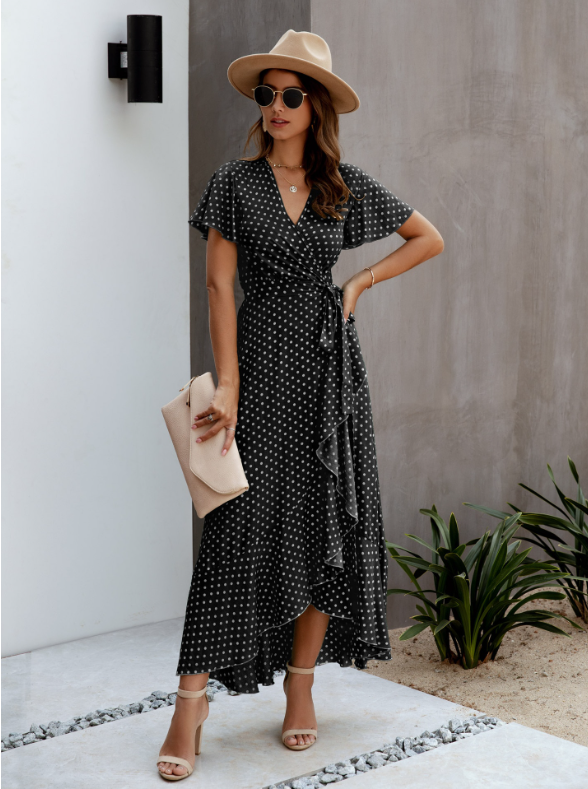 Polka Dot V-Neck Short Sleeve Wrap Tie Waist Ruffle High Low Maxi Dress 4