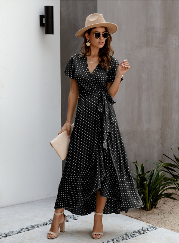 Polka Dot V-Neck Short Sleeve Wrap Tie Waist Ruffle High Low Maxi Dress