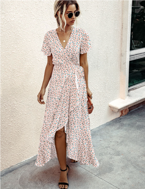 Ditsy Print V-Neck Flutter Sleeve Tie Waist Wrap High Low Maxi Dress 4